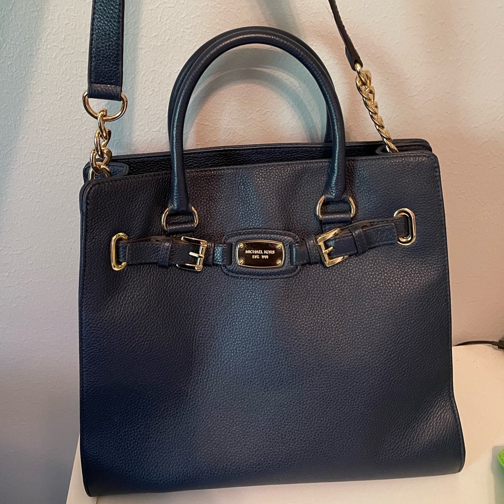 Michael Kors Navy Leather Tote with Gold Accents